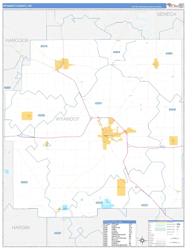 Wyandot County, OH ZIP Code Wall Map, Business Reference style