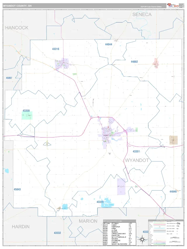Wyandot County, OH ZIP Code Wall Map, Classic style