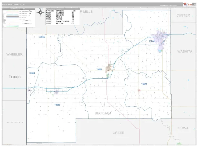 Beckham County, OK ZIP Code Wall Map, Classic style