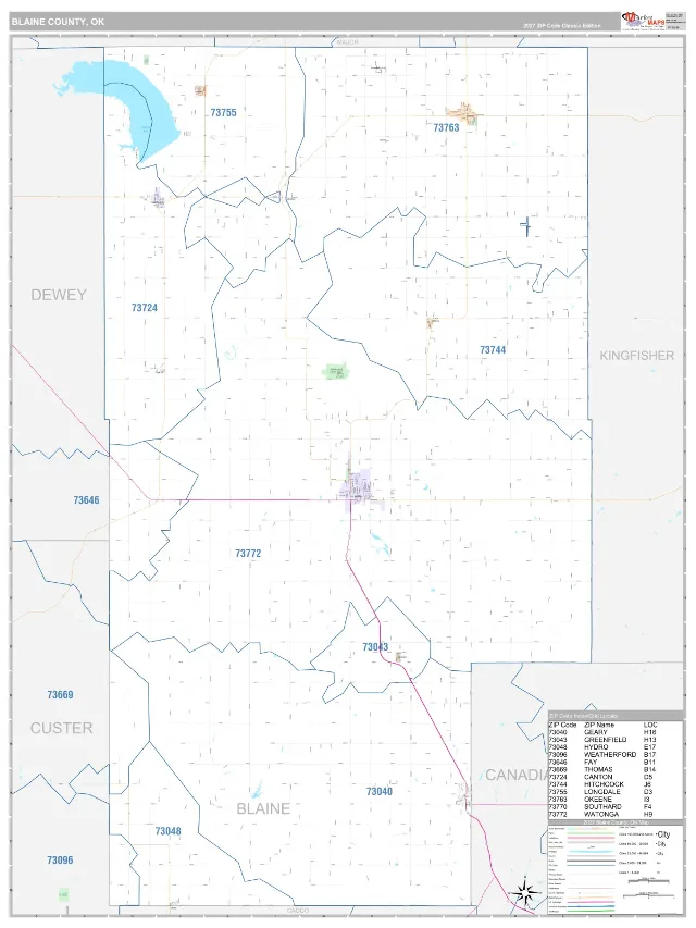 Blaine County, OK ZIP Code Wall Map, Classic style