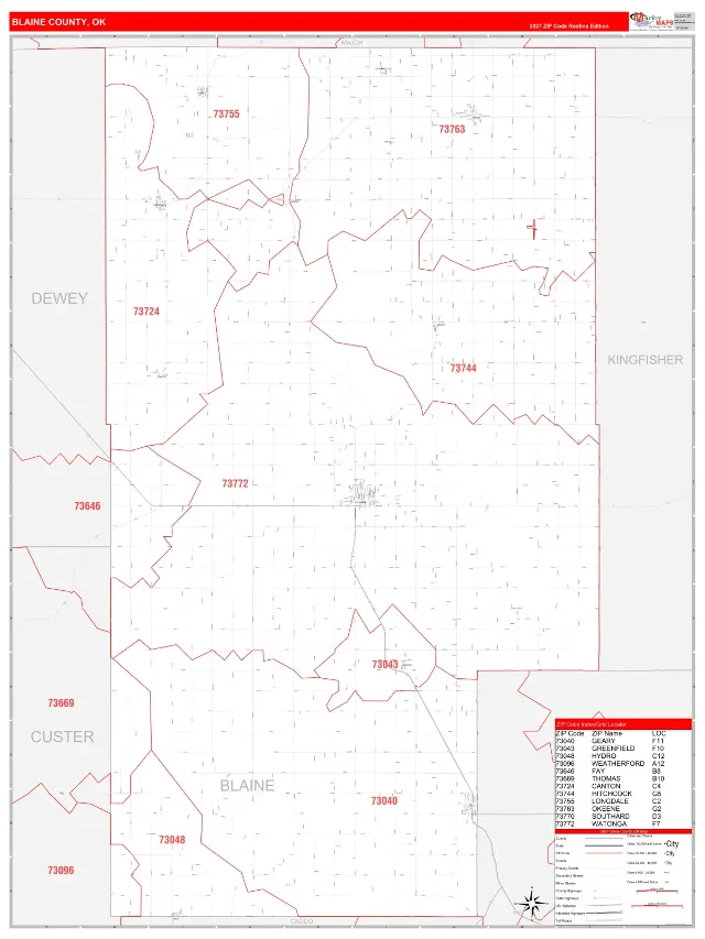 Blaine County, OK ZIP Code Wall Map, RedLine style