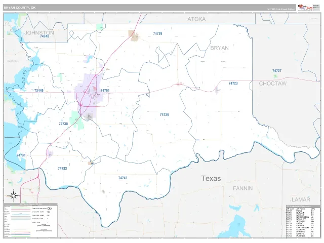 Bryan County, OK ZIP Code Wall Map, Classic style