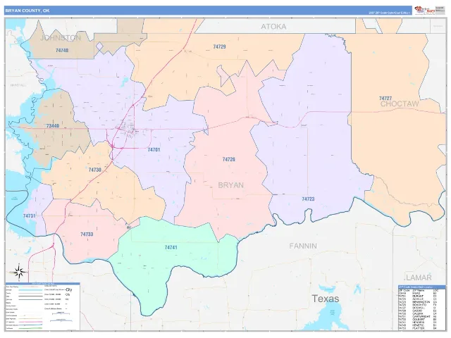 Bryan County, OK ZIP Code Wall Map, ColorCast style