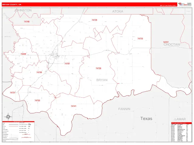 Bryan County, OK ZIP Code Wall Map, RedLine style
