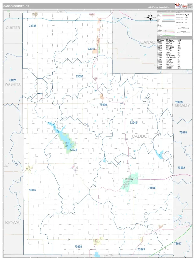 Caddo County, OK ZIP Code Wall Map, Classic style