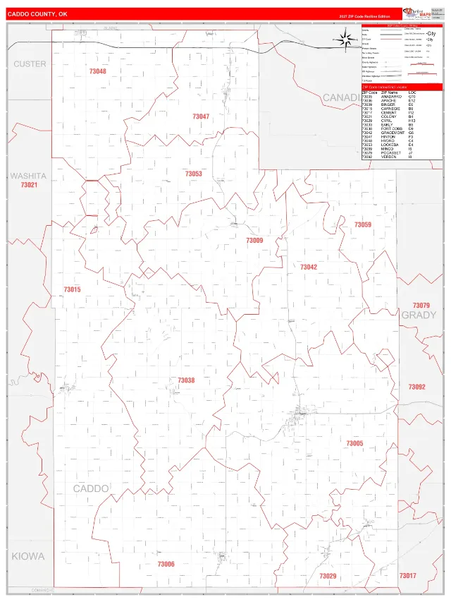 Caddo County, OK ZIP Code Wall Map, RedLine style