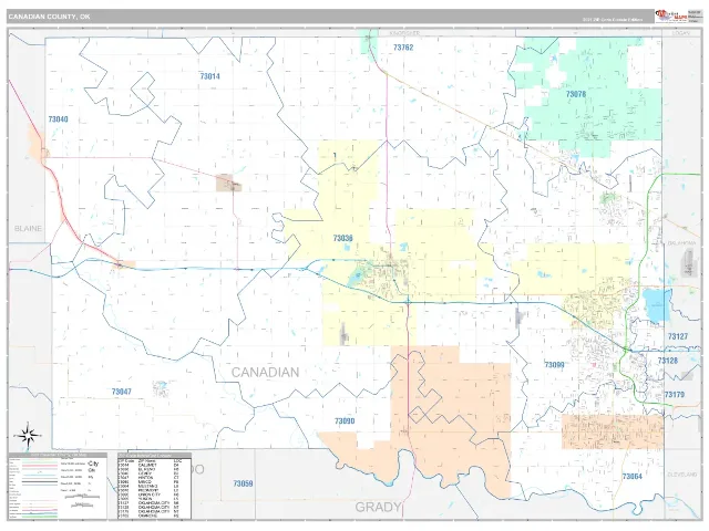 Canadian County, OK ZIP Code Wall Map, Classic style