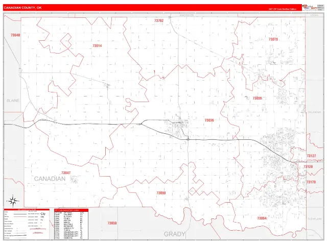 Canadian County, OK ZIP Code Wall Map, RedLine style