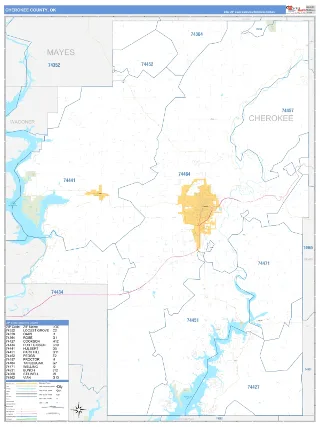 Cherokee County, OK Business Reference style ZIP Code wall map