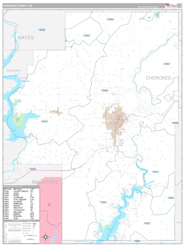 Cherokee County, OK ZIP Code Wall Map, Classic style