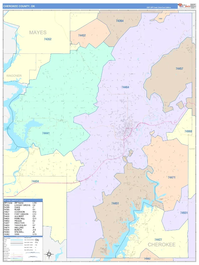 Cherokee County, OK ZIP Code Wall Map, ColorCast style