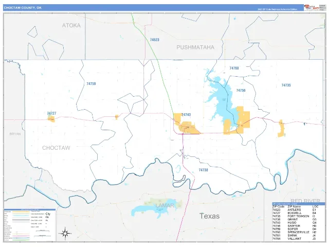 Choctaw County, OK ZIP Code Wall Map, Business Reference style