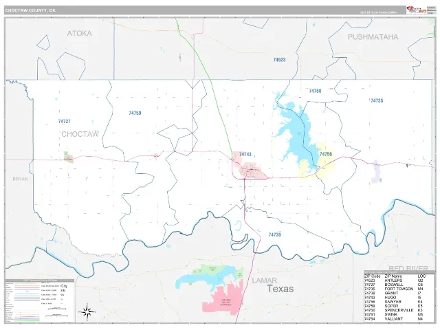 Choctaw County, OK ZIP Code Wall Map, Classic style