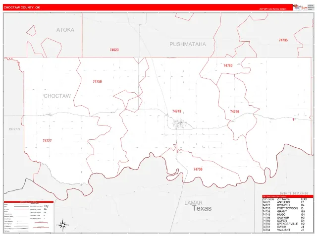 Choctaw County, OK ZIP Code Wall Map, RedLine style