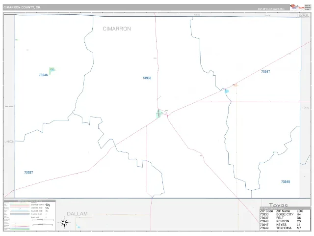 Cimarron County, OK ZIP Code Wall Map, Classic style