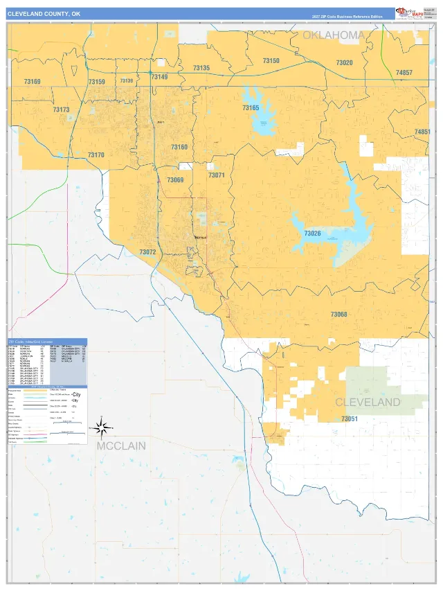 Cleveland County, OK ZIP Code Wall Map, Business Reference style