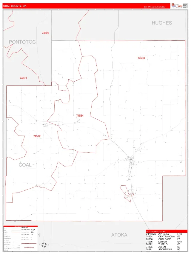 Coal County, OK ZIP Code Wall Map, RedLine style