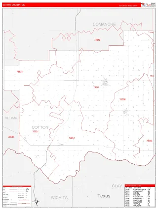 Cotton County, OK RedLine style ZIP Code wall map