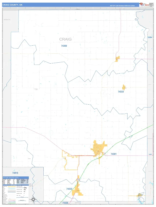 Craig County, OK ZIP Code Wall Map, Business Reference style