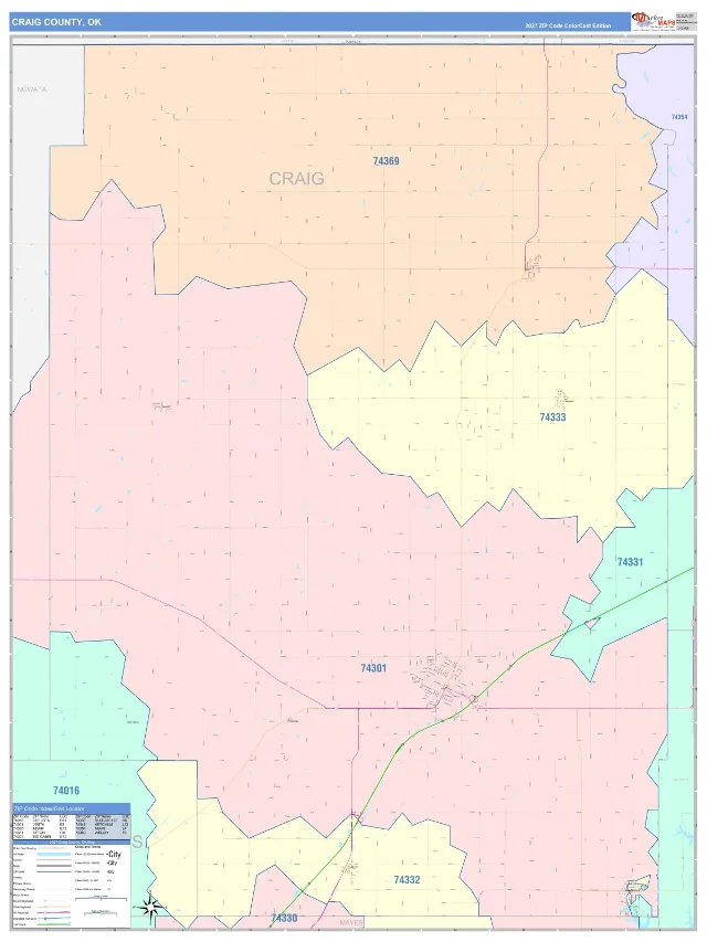 Craig County, OK ZIP Code Wall Map, ColorCast style