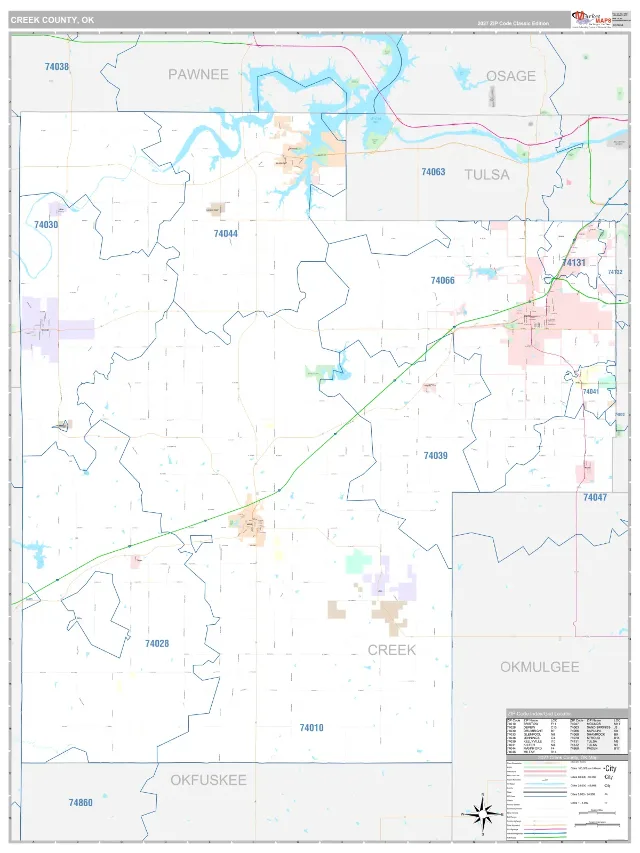 Creek County, OK ZIP Code Wall Map, Classic style