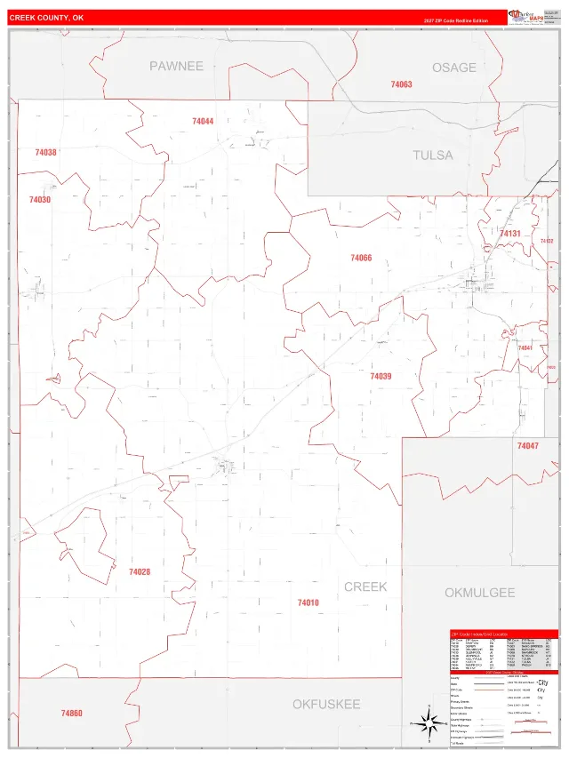 Creek County, OK ZIP Code Wall Map, RedLine style