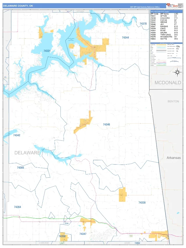 Delaware County, OK ZIP Code Wall Map, Business Reference style