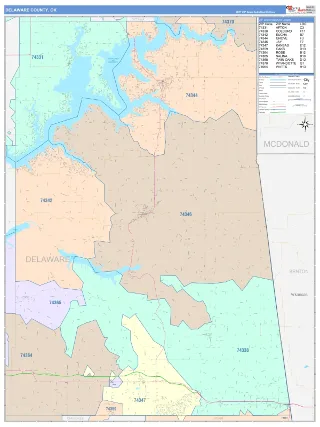 Delaware County, OK ColorCast style ZIP Code wall map