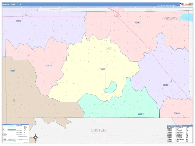 Dewey County, OK ZIP Code Wall Map, ColorCast style