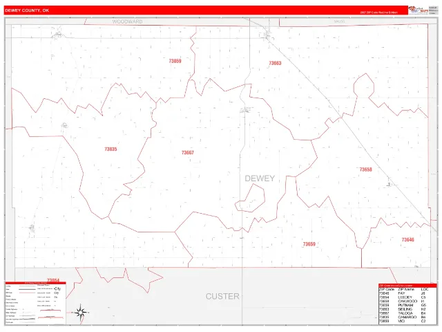 Dewey County, OK ZIP Code Wall Map, RedLine style