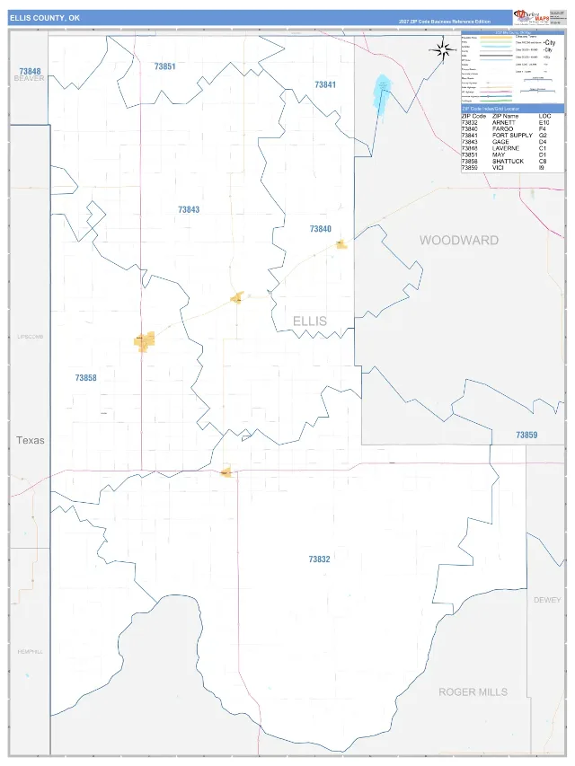 Ellis County, OK ZIP Code Wall Map, Business Reference style
