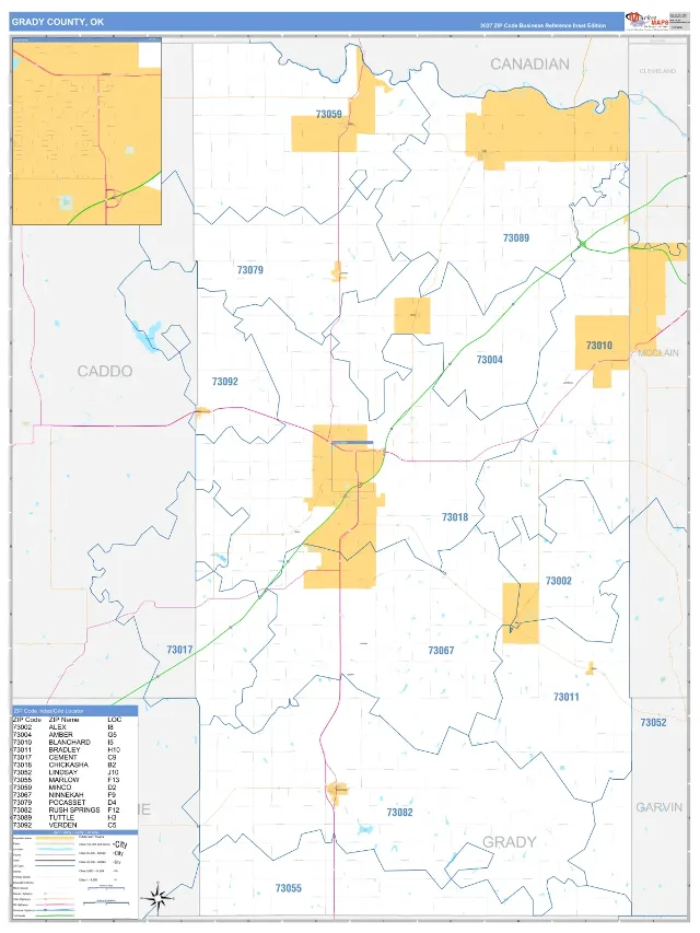 Grady County, OK ZIP Code Wall Map, Business Reference style