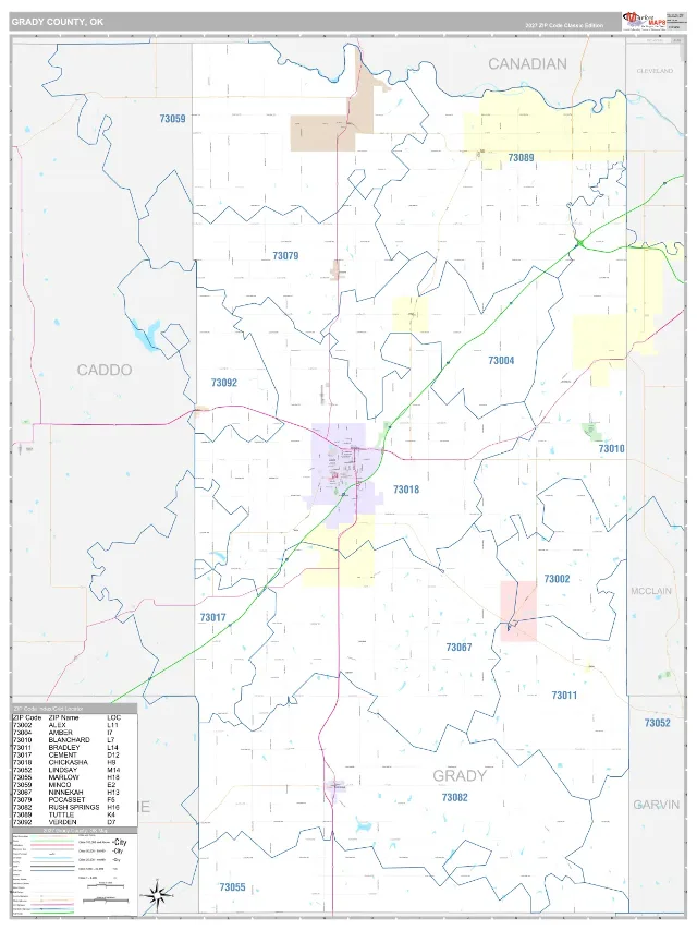 Grady County, OK ZIP Code Wall Map, Classic style