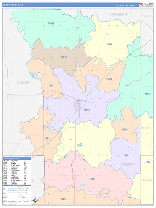 Grady County, OK ColorCast style ZIP Code wall map