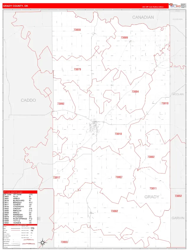 Grady County, OK ZIP Code Wall Map, RedLine style