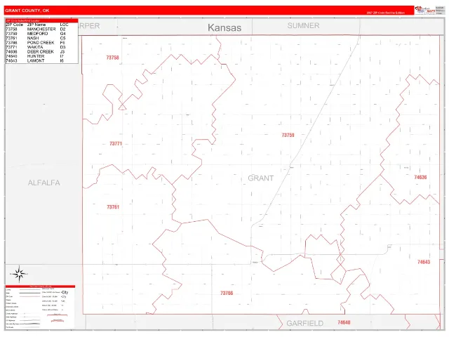 Grant County, OK ZIP Code Wall Map, RedLine style