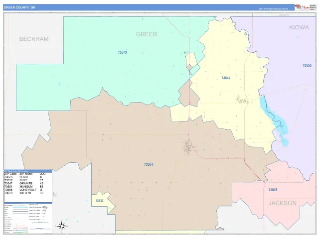 Greer County, OK ZIP Code Wall Map, ColorCast style