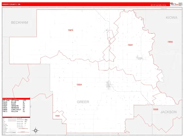 Greer County, OK ZIP Code Wall Map, RedLine style