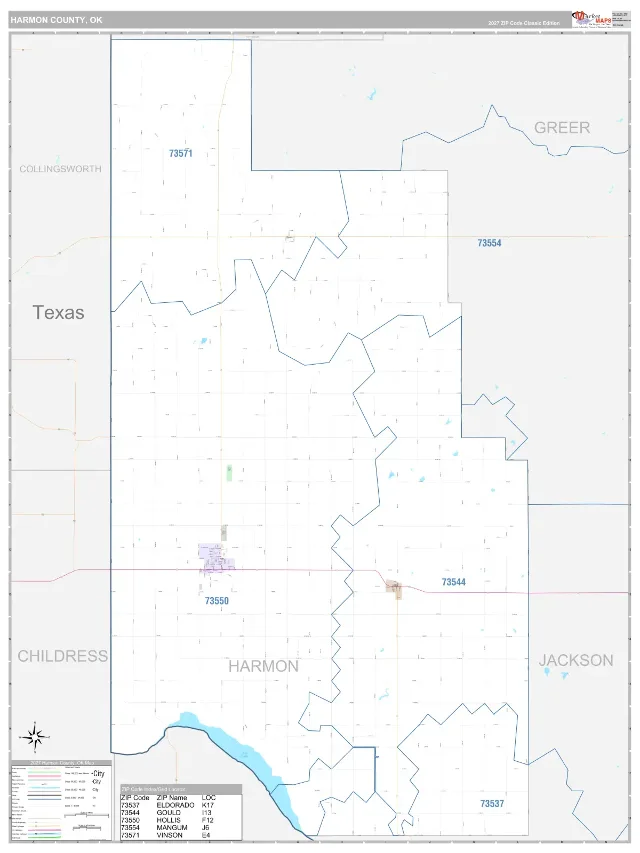 Harmon County, OK ZIP Code Wall Map, Classic style