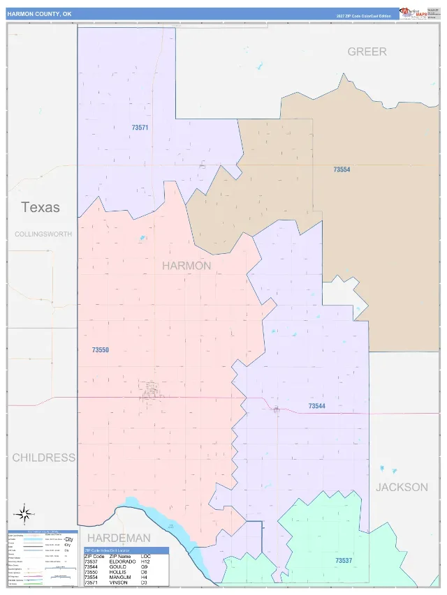 Harmon County, OK ZIP Code Wall Map, ColorCast style