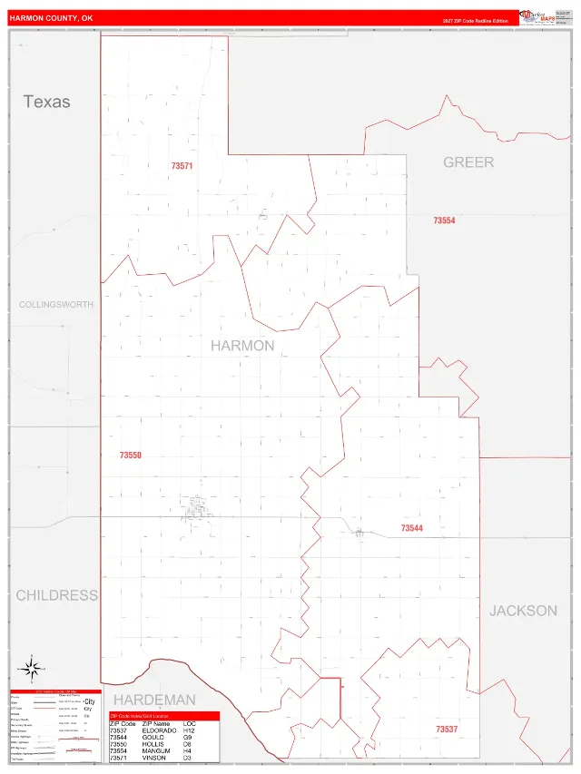 Harmon County, OK ZIP Code Wall Map, RedLine style