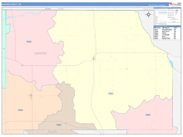 Harper County, OK ZIP Code Wall Map, ColorCast style