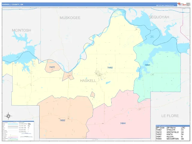 Haskell County, OK ZIP Code Wall Map, ColorCast style