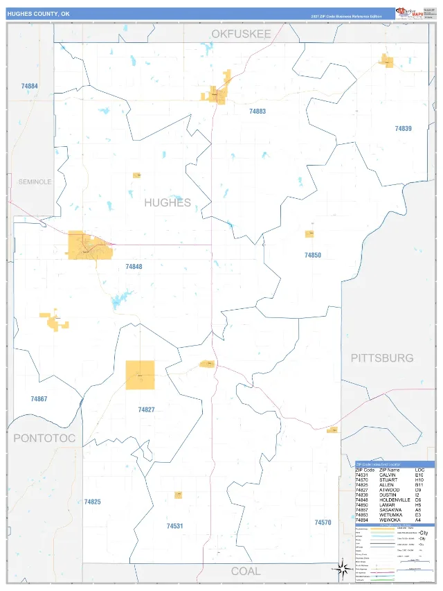 Hughes County, OK ZIP Code Wall Map, Business Reference style
