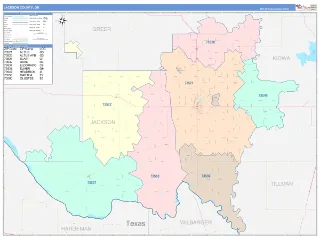 Jackson County, OK ColorCast style ZIP Code wall map
