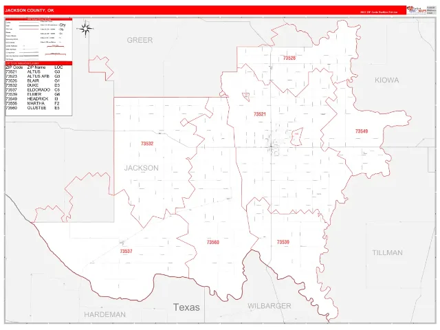 Jackson County, OK ZIP Code Wall Map, RedLine style