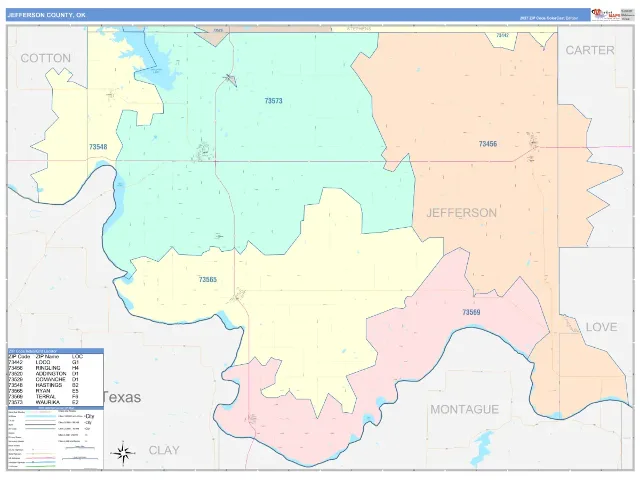 Jefferson County, OK ZIP Code Wall Map, ColorCast style