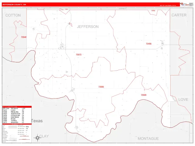Jefferson County, OK ZIP Code Wall Map, RedLine style