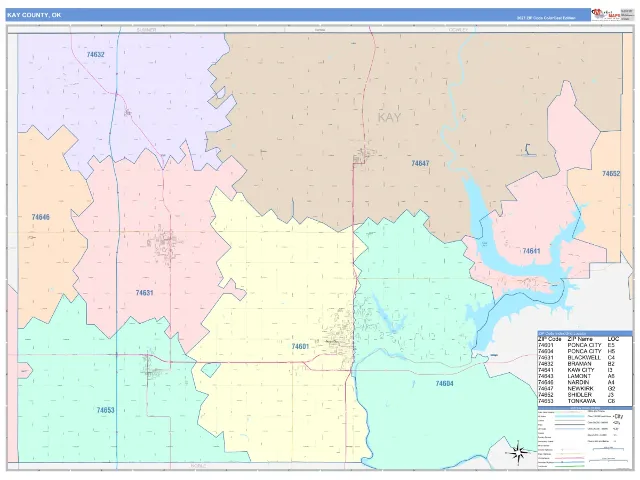 Kay County, OK ZIP Code Wall Map, ColorCast style