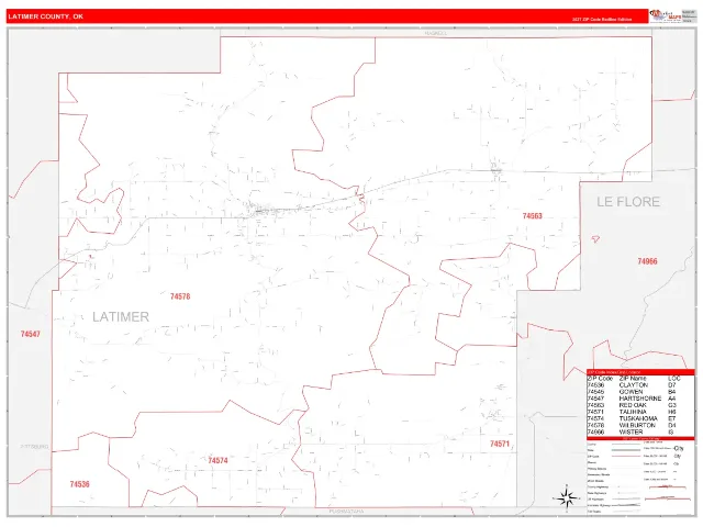Latimer County, OK ZIP Code Wall Map, RedLine style